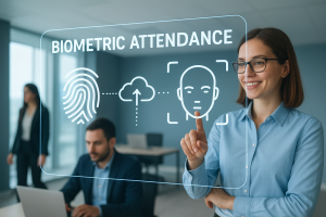 Empleado usando sistema biométrico de asistencia con tecnología en la nube Ingressio